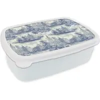 MuchoWow Broodtrommel Wit - Lunchbox Huizen - Bomen - Water - Vogels - Blauw - Brooddoos 18x12x6 cm - Brood lunch box - Broodtrommels voor kinderen en volwassenen