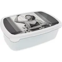 MuchoWow Broodtrommel Wit - Lunchbox Vrouw - Spaghetti - Zwart - Wit - Brooddoos 18x12x6 cm - Brood lunch box - Broodtrommels voor kinderen en volwassenen