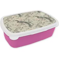 MuchoWow Broodtrommel Roze - Lunchbox Bloem - Vogel - Kleurrijk - Brooddoos 18x12x6 cm - Brood lunch box - Broodtrommels voor kinderen en volwassenen