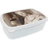 MuchoWow Broodtrommel Wit - Lunchbox Klassiek - Marmer print - Wijn - Brooddoos 18x12x6 cm - Brood lunch box - Broodtrommels voor kinderen en volwassenen