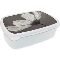 MuchoWow Broodtrommel Wit - Lunchbox Bloem - Minimalistisch - Zwart - Wit - Brooddoos 18x12x6 cm - Brood lunch box - Broodtrommels voor kinderen en volwassenen