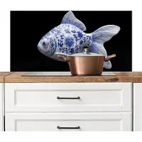 KitchenYeah Spatscherm keuken 100x50 cm - Kookplaat achterwand Porselein - Goudvis - Delfts - Blauw - Muurbeschermer - Spatwand fornuis - Hoogwaardig aluminium