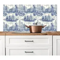 KitchenYeah Spatscherm keuken 120x60 cm - Kookplaat achterwand Huizen - Bomen - Water - Vogels - Blauw - Muurbeschermer - Spatwand fornuis - Hoogwaardig aluminium