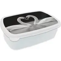 MuchoWow Broodtrommel Wit - Lunchbox Zwanen - Hart - Zwart - Wit - Brooddoos 18x12x6 cm - Brood lunch box - Broodtrommels voor kinderen en volwassenen