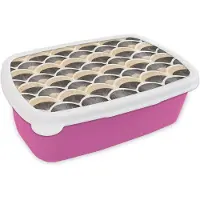 MuchoWow Broodtrommel Roze - Lunchbox Waaier - Patroon - Zwart - Beige - Brooddoos 18x12x6 cm - Brood lunch box - Broodtrommels voor kinderen en volwassenen