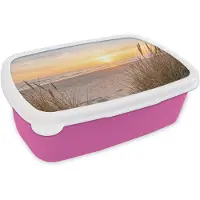 MuchoWow Broodtrommel Roze - Lunchbox Zonsondergang - Duinen - Zee - Brooddoos 18x12x6 cm - Brood lunch box - Broodtrommels voor kinderen en volwassenen