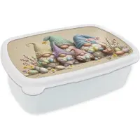 MuchoWow Broodtrommel Wit - Lunchbox Kabouters - Familie - Eieren - Pastelkleuren - Brooddoos 18x12x6 cm - Brood lunch box - Broodtrommels voor kinderen en volwassenen