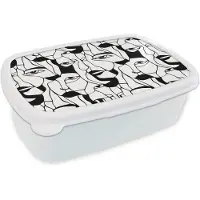 MuchoWow Broodtrommel Wit - Lunchbox Lijnen - Gezichten - Zwart - Wit - Brooddoos 18x12x6 cm - Brood lunch box - Broodtrommels voor kinderen en volwassenen