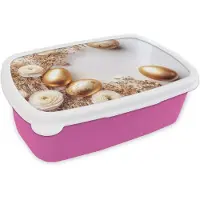 MuchoWow Broodtrommel Roze - Lunchbox Rozen - Eieren - Droogbloemen - Goud - Brooddoos 18x12x6 cm - Brood lunch box - Broodtrommels voor kinderen en volwassenen
