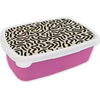 MuchoWow Broodtrommel Roze - Lunchbox Abstract - Lijnen - Zwart - Brooddoos 18x12x6 cm - Brood lunch box - Broodtrommels voor kinderen en volwassenen