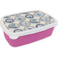 MuchoWow Broodtrommel Roze - Lunchbox Borden - Bomen - Planten - Blauw - Brooddoos 18x12x6 cm - Brood lunch box - Broodtrommels voor kinderen en volwassenen