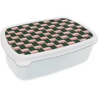 MuchoWow Broodtrommel Wit - Lunchbox Vlechtpatroon - Groen - Roze - Geometrisch - Brooddoos 18x12x6 cm - Brood lunch box - Broodtrommels voor kinderen en volwassenen