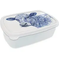 MuchoWow Broodtrommel Wit - Lunchbox Illustratie - Koe - Blauw - Brooddoos 18x12x6 cm - Brood lunch box - Broodtrommels voor kinderen en volwassenen