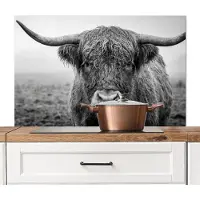 KitchenYeah Spatscherm keuken 100x65 cm - Kookplaat achterwand Schotse hooglander - Zwart - Wit - Gras - Muurbeschermer - Spatwand fornuis - Hoogwaardig aluminium