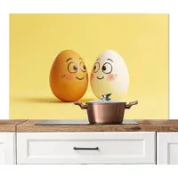 KitchenYeah Spatscherm keuken 120x80 cm - Kookplaat achterwand Eieren - Gezichten - Geel - Liefdevol - Muurbeschermer - Spatwand fornuis - Hoogwaardig aluminium
