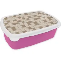 MuchoWow Broodtrommel Roze - Lunchbox Blok - Patroon - Bruin - Brooddoos 18x12x6 cm - Brood lunch box - Broodtrommels voor kinderen en volwassenen