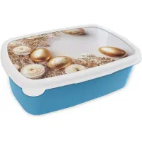 MuchoWow Broodtrommel Blauw - Lunchbox Rozen - Eieren - Droogbloemen - Goud - Brooddoos 18x12x6 cm - Brood lunch box - Broodtrommels voor kinderen en volwassenen