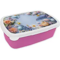 MuchoWow Broodtrommel Roze - Lunchbox Bloemen - Pastelkleuren - Eieren - Blauw - Brooddoos 18x12x6 cm - Brood lunch box - Broodtrommels voor kinderen en volwassenen