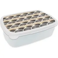 MuchoWow Broodtrommel Wit - Lunchbox Waaier - Patroon - Zwart - Beige - Brooddoos 18x12x6 cm - Brood lunch box - Broodtrommels voor kinderen en volwassenen