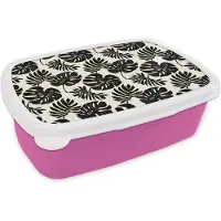 MuchoWow Broodtrommel Roze - Lunchbox Modern - Monstera - Zwart - Brooddoos 18x12x6 cm - Brood lunch box - Broodtrommels voor kinderen en volwassenen