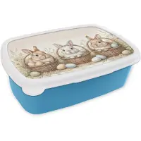 MuchoWow Broodtrommel Blauw - Lunchbox Konijnen - Eieren - Bloemen - Beige - Brooddoos 18x12x6 cm - Brood lunch box - Broodtrommels voor kinderen en volwassenen