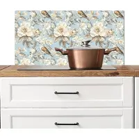 KitchenYeah Spatscherm keuken 90x45 cm - Kookplaat achterwand Botanisch - Zangvogel - Blauw - Muurbeschermer - Spatwand fornuis - Hoogwaardig aluminium