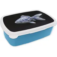 MuchoWow Broodtrommel Blauw - Lunchbox Porselein - Goudvis - Delfts - Blauw - Brooddoos 18x12x6 cm - Brood lunch box - Broodtrommels voor kinderen en volwassenen