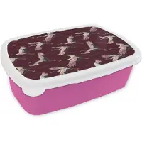 MuchoWow Broodtrommel Roze - Lunchbox Kraanvogels - Klassiek - Bordeaux - Brooddoos 18x12x6 cm - Brood lunch box - Broodtrommels voor kinderen en volwassenen