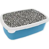 MuchoWow Broodtrommel Blauw - Lunchbox Grafisch - Lijnen - Zwart - Wit - Brooddoos 18x12x6 cm - Brood lunch box - Broodtrommels voor kinderen en volwassenen