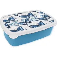 MuchoWow Broodtrommel Blauw - Lunchbox Blauw - Vlinders - Bloemen - Wit - Brooddoos 18x12x6 cm - Brood lunch box - Broodtrommels voor kinderen en volwassenen