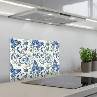 KitchenYeah Spatscherm 60x40 cm - Zelfklevende achterwand Vlinders - Bloemen - Blauw - Botanisch - Keuken muurbeschermer - Spatwand fornuis