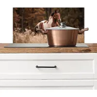 KitchenYeah Spatscherm keuken 60x30 cm - Kookplaat achterwand Paard - Bruin - Gras - Muurbeschermer - Spatwand fornuis - Hoogwaardig aluminium