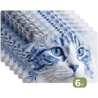 KitchenYeah Placemats - 6 stuks - 45x30 cm - Placemat kunststof - Kat - Patroon - Blauw - Borden onderleggers - Decoratie voor op tafel - Keuken tafeldecoratie accessoires - Vinyl onderlegger - Tafelversiering