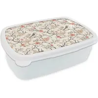 MuchoWow Broodtrommel Wit - Lunchbox Kersenbloesem - Mus - Roze - Brooddoos 18x12x6 cm - Brood lunch box - Broodtrommels voor kinderen en volwassenen