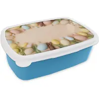 MuchoWow Broodtrommel Blauw - Lunchbox Tulpen - Eieren - Chocolade - Pastelkleuren - Brooddoos 18x12x6 cm - Brood lunch box - Broodtrommels voor kinderen en volwassenen