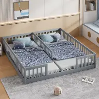 OKWISH Paneelbed 2x 90x200 cm – Kinderbed Met Veiligheidshek – Vloerbed Voor Twee Kinderen – Zonder Matras – Grenenhout En MDF – Grijs