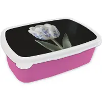 MuchoWow Broodtrommel Roze - Lunchbox Tulp - Patroon - Blauw - Brooddoos 18x12x6 cm - Brood lunch box - Broodtrommels voor kinderen en volwassenen