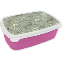 MuchoWow Broodtrommel Roze - Lunchbox Klassiek - Botanisch - Groen - Brooddoos 18x12x6 cm - Brood lunch box - Broodtrommels voor kinderen en volwassenen