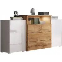Bratex Moderne 150 cm dressoir – mat frame, hoogglans fronten – Eik Wotan / wit hoogglans – 3 laden, 2 zijkasten, open nis, optie LED-verlichting