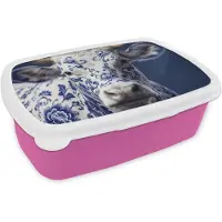 MuchoWow Broodtrommel Roze - Lunchbox Koe - Delfts - Blauw - Artistiek - Brooddoos 18x12x6 cm - Brood lunch box - Broodtrommels voor kinderen en volwassenen