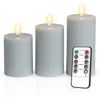 Meisterhome – 3 x Led Stompkaars Ribbel - Fluweelgrijs – Stompkaars Echte wax - Led kaarsen - 10 / 12.5 / 15 cm Hoog - Met afstandsbediening – Timer 2/4/6/8 uur - Dimbaar