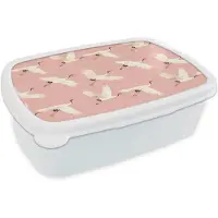 MuchoWow Broodtrommel Wit - Lunchbox Modern - Kraanvogels - Roze - Brooddoos 18x12x6 cm - Brood lunch box - Broodtrommels voor kinderen en volwassenen