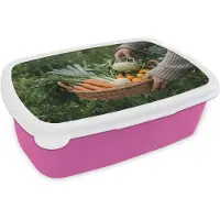 MuchoWow Broodtrommel Roze - Lunchbox Veld - Groenten - Biologisch - Oogst - Brooddoos 18x12x6 cm - Brood lunch box - Broodtrommels voor kinderen en volwassenen