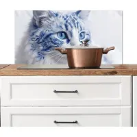 KitchenYeah Spatscherm keuken 90x45 cm - Kookplaat achterwand Kat - Patroon - Blauw - Muurbeschermer - Spatwand fornuis - Hoogwaardig aluminium