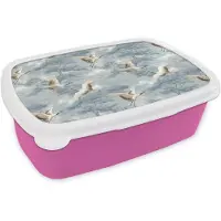 MuchoWow Broodtrommel Roze - Lunchbox Wolken - Kraanvogels - Blauw - Brooddoos 18x12x6 cm - Brood lunch box - Broodtrommels voor kinderen en volwassenen