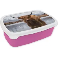 MuchoWow Broodtrommel Roze - Lunchbox Schotse hooglander - Bruin - Water - Brooddoos 18x12x6 cm - Brood lunch box - Broodtrommels voor kinderen en volwassenen