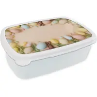 MuchoWow Broodtrommel Wit - Lunchbox Tulpen - Eieren - Chocolade - Pastelkleuren - Brooddoos 18x12x6 cm - Brood lunch box - Broodtrommels voor kinderen en volwassenen