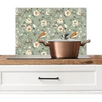 KitchenYeah Spatscherm keuken 60x40 cm - Kookplaat achterwand Roze - Vogels - Kleurrijk - Muurbeschermer - Spatwand fornuis - Hoogwaardig aluminium
