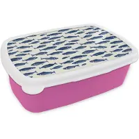 MuchoWow Broodtrommel Roze - Lunchbox Vissen - Patroon - Blauw - Wit - Brooddoos 18x12x6 cm - Brood lunch box - Broodtrommels voor kinderen en volwassenen