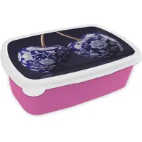 MuchoWow Broodtrommel Roze - Lunchbox Porselein- Kersen - Delfts - Blauw - Brooddoos 18x12x6 cm - Brood lunch box - Broodtrommels voor kinderen en volwassenen